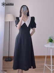 Đầm midi đen cổ peter trắng C1500