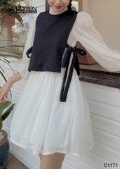 Đầm cổ bèo phối trắng C1171