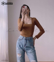 Áo thun nữ LOREN tay dài cổ vuông nâu A2484