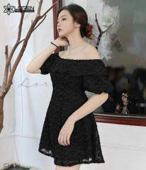 Đầm lông vũ bẹt vai đen C1469