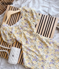 Đầm hoa nhún ngực vàng C1681