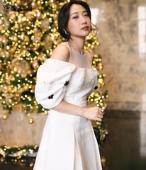 Đầm xòe phối tay phồng hoa trắng C1736