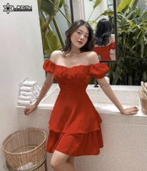 Đầm nhung ngực bèo tầng cam C1508