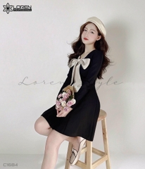 Đầm xòe phối nude nơ cổ đen C1684