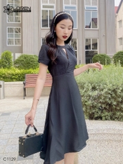 Đầm LOREN xòe cổ tròn đen C1129