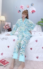 Đồ ngủ pijama dài phối cổ bèo xanh D1651