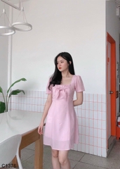 Đầm cổ vuông nơ hồng C1376
