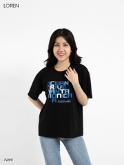 Áo thun nữ LOREN cổ tròn in chữ đen A2841