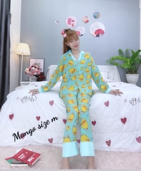 Đồ ngủ pijama dài phối cổ bèo xanh D1649