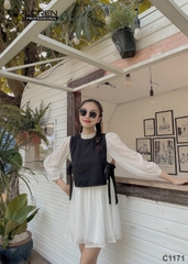 Đầm cổ bèo phối trắng C1171