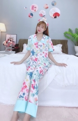 Đồ ngủ pijama tay ngắn quần dài xanh D1724