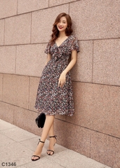 Đầm voan hoa xòe đen C1346