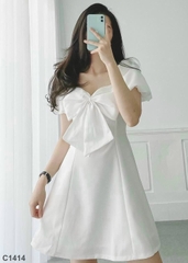 Đầm voan thắt nơ xòe trắng C1414