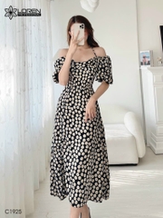 Đầm maxi loren đen hoa cúc bo chun C1925