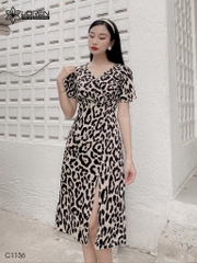 Đầm LOREN hoa vằn xẻ lai vàng C1136