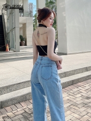 Quần jean ống rộng LOREN rách gối xanh B5431