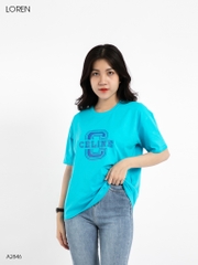 Áo thun nữ LOREN cổ tròn in chữ xanh A2846