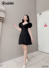 Đầm xòe tay phồng đen C1174