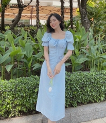 Đầm tay phồng cột nơ xanh C1739