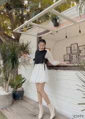 Đầm cổ bèo phối trắng C1171