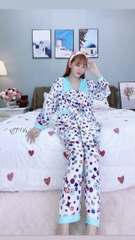 Đồ ngủ pijama dài phối cổ bèo xanh D1654