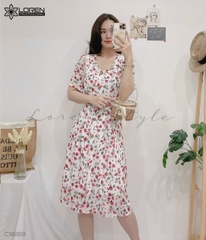 Đầm hoa nhí đỏ nút gỗ C1689