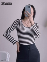 Áo kiểu nữ loren sọc đen tay dài cổ vuông A6911