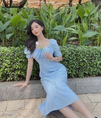 Đầm tay phồng cột nơ xanh C1739