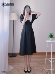 Đầm midi đen cổ peter trắng C1500
