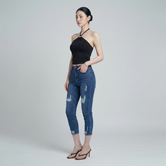 Quần jean nữ skinny LOREN lửng wash rách ống B51043