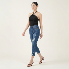 Quần jean nữ skinny LOREN lửng wash rách ống B51043