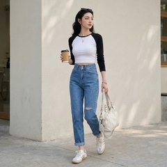 Quần jean baggy LOREN rách tua xanh B5390