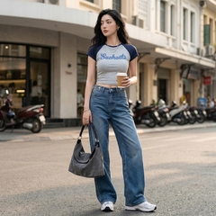 Quần jean ống rộng LOREN trơn xanh B5422