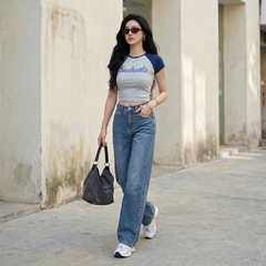 Quần jean ống rộng LOREN trơn xanh B5422