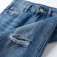 Quần jean ống rộng LOREN rách tua xanh B5425