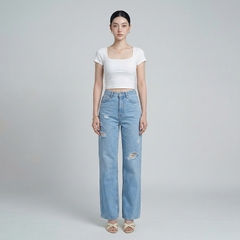 Quần jean ống rộng LOREN rách gối xanh B5431