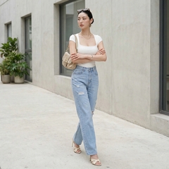Quần jean ống rộng LOREN rách gối xanh B5431