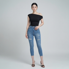 Quần jean skinny LOREN lửng rách xanh B5526