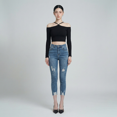 Quần jean skinny LOREN lửng rách kiểu tua xanh B5527