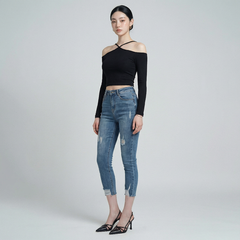 Quần jean skinny LOREN lửng rách kiểu tua xanh B5527