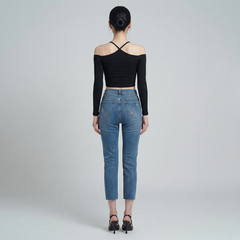 Quần jean skinny LOREN lửng rách kiểu tua xanh B5527