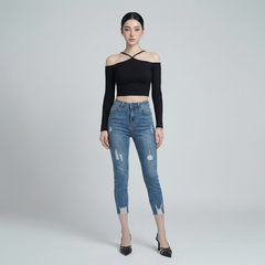 Quần jean skinny LOREN lửng rách kiểu tua xanh B5527