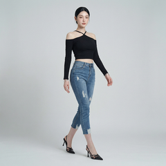 Quần jean skinny LOREN lửng rách kiểu tua xanh B5527