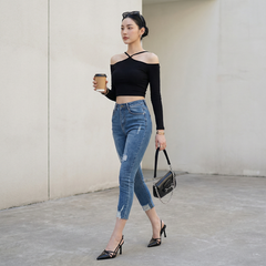 Quần jean skinny LOREN lửng rách kiểu tua xanh B5527