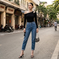 Quần jean baggy LOREN trơn tua xanh B5592