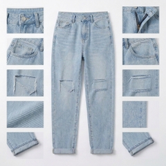Quần jean baggy LOREN rách gối tua xanh B5748