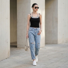 Quần jean baggy LOREN rách gối tua xanh B5748