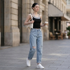 Quần jean baggy LOREN rách gối tua xanh B5748
