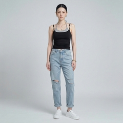 Quần jean baggy LOREN rách gối tua xanh B5748