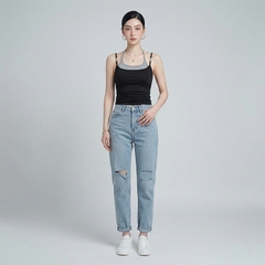 Quần jean baggy LOREN rách gối tua xanh B5748